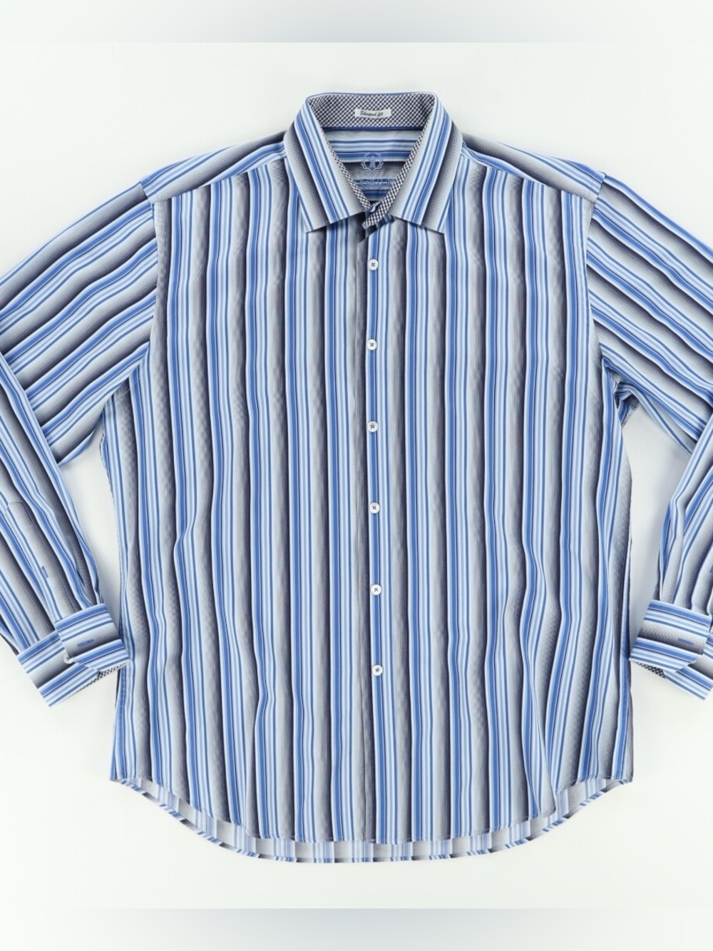 Bugatchi Uomo Shaped Fit Striped Button Up Shirt Blue White Medium